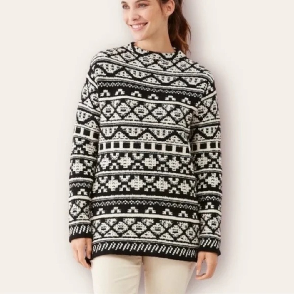 J. Jill Ultra Soft & Cozy Black/Cream Jacquard Pullover Sweater Sz Large